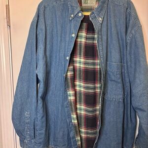 Classic Denim Shirt Jacket with Plaid Flannel Interior